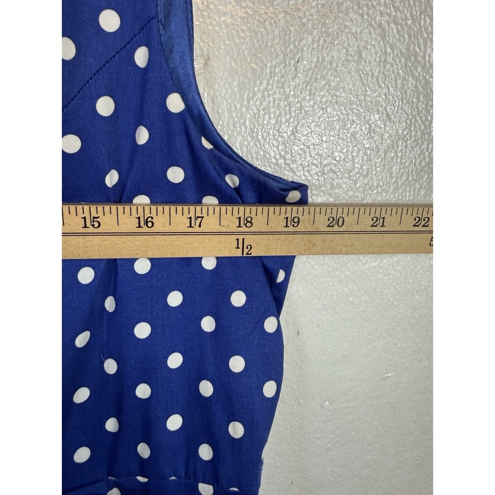 LIZ CLAIBORNE Dress Sz 16 Blue White Polka Dot Flair Sleeveless Stretch Cottage - Picture 6 of 7